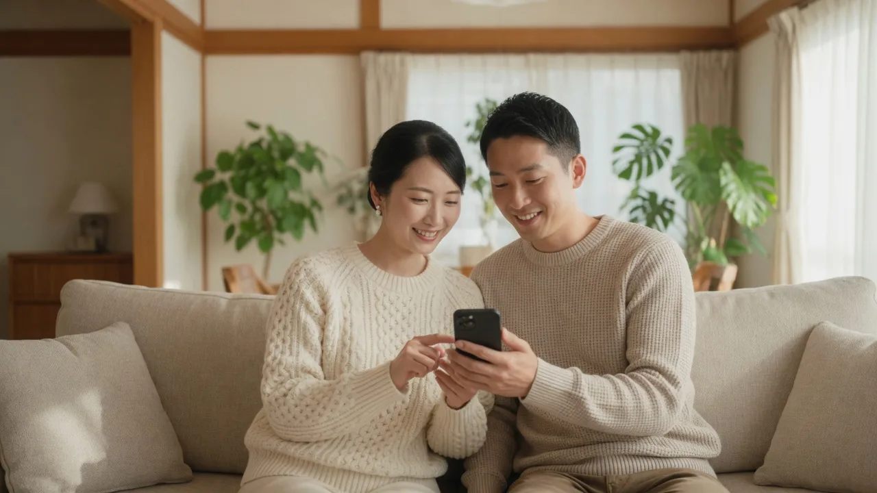 自宅で結婚式の写真を一緒に眺めるふたり