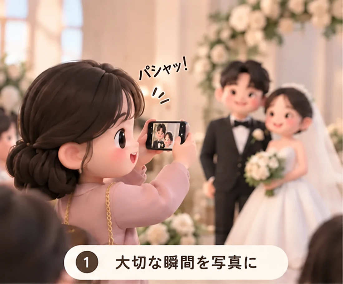 ゲストがスマートフォンで新郎新婦を撮影する場面。