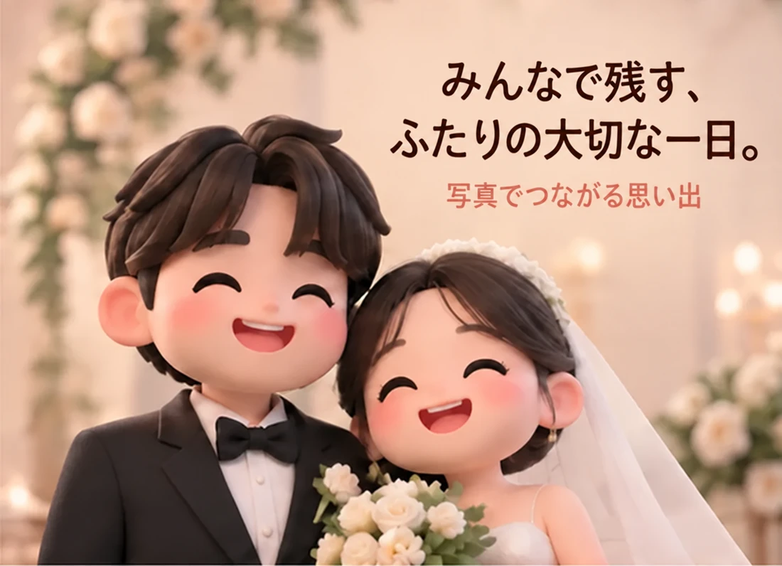 写真でつながる思い出。新郎新婦が笑顔で寄り添う場面。